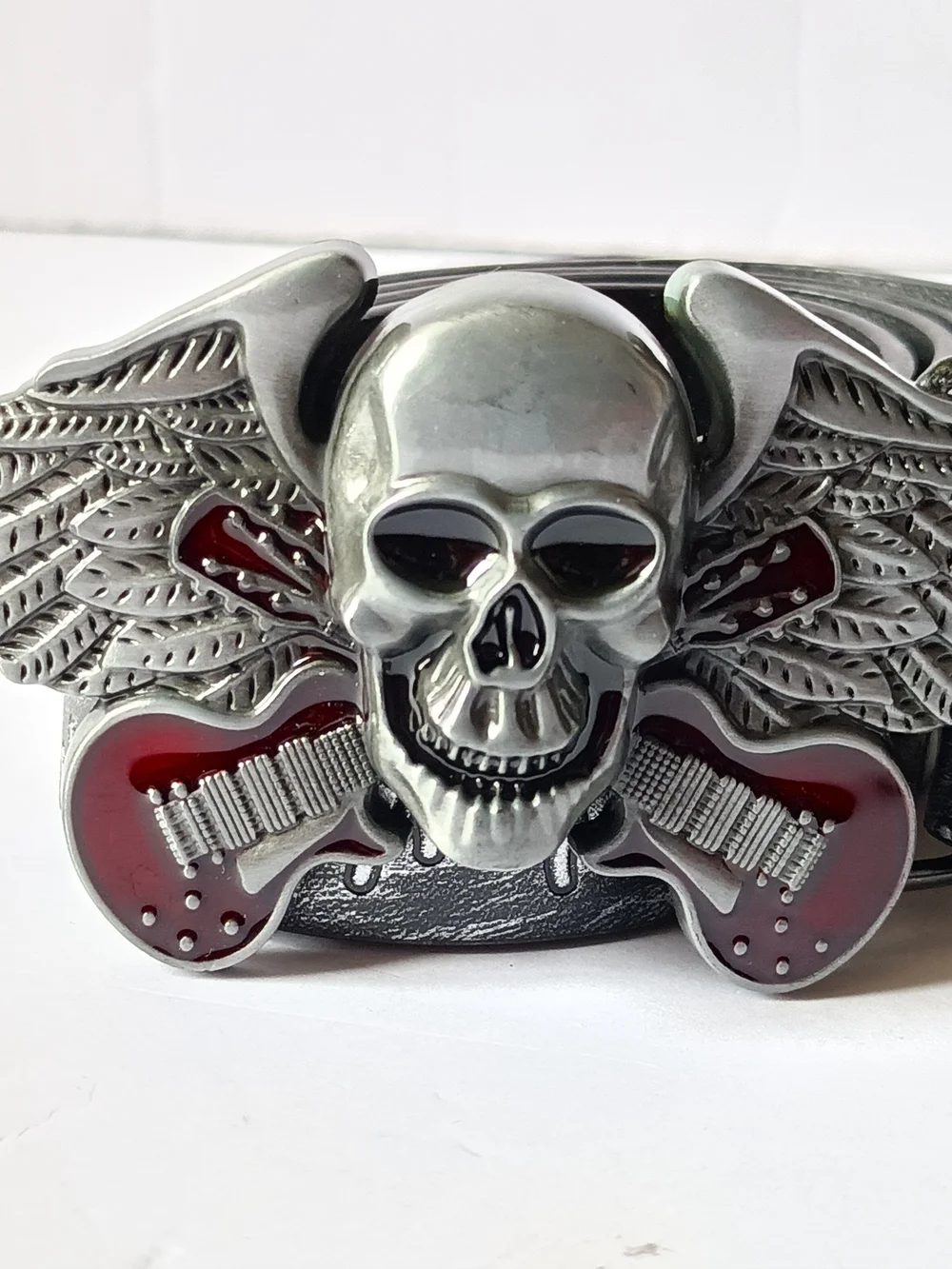 Black Leather Belt Winged Skull Buckle Adjustable 45 Inches